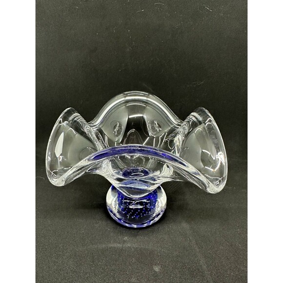 Hand Blown Art Glass Bowl Controlled Bubbles Wavy Pedestal Polished *flaw* - Picture 4 of 12